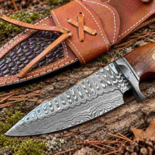Load image into Gallery viewer, Handmade Damascus Hunting Knife with Wooden Handle and Leather Sheath
