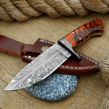 Load image into Gallery viewer, Best Deer Skinning Knife - Feather Damascus Pinecone Handle