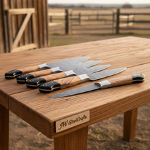 Load image into Gallery viewer, 8-Piece Damascus Fillet &amp; Precision Utility Knife Set — Olive Wood &amp; Black Resin Handles, Full Tang with Steel Bolster