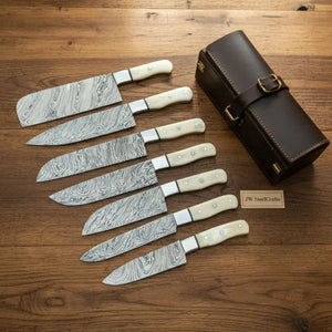 7-Piece Damascus Fire Pattern Japanese Knife Set with Wood Grain Damas ...