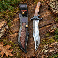 Load image into Gallery viewer, Hand Forged Damascus Hunting Knife with Rosewood Handle and Leather Sheath