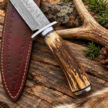 Load image into Gallery viewer, Handmade Damascus Steel Bowie Knife with Stag Antler Handle and Leather Sheath