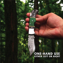 Load image into Gallery viewer, Damascus Folding Knife | Green &amp; Black Dyed Wood Handle | Pocket Knife
