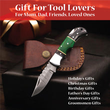 Load image into Gallery viewer, Damascus Folding Knife | Green &amp; Black Dyed Wood Handle | Pocket Knife