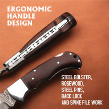 Load image into Gallery viewer, Damascus Folding Knife | Rosewood Handle Lockback | Pocket EDC Knife