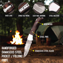 Load image into Gallery viewer, Damascus Folding Knife | Rosewood Handle Lockback | Pocket EDC Knife