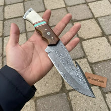 Load image into Gallery viewer, Damascus Gut Hook Hunting Knife — Bone, Turquoise Resin &amp; Rosewood Handle, Damascus Bolster &amp; Leather Belt Sheath