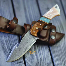 Load image into Gallery viewer, Damascus Gut Hook Hunting Knife Wood Resin Handle