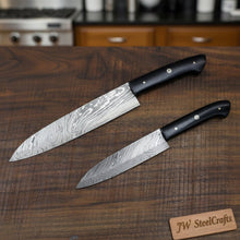 Load image into Gallery viewer, Damascus Gyuto and Petty Knife Set, Handmade Japanese Kitchen Knife Set, Forged Damascus Steel Chef Gyuto with Petty Utility Knife, Black Handle, JW SteelCrafts