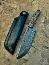 Load image into Gallery viewer, Damascus Hunting Knife with Grey Pinecone Handle | Full Tang + Black Leather Sheath
