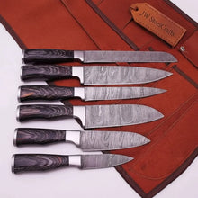 Load image into Gallery viewer, 6-Piece Damascus Kitchen Knife Set — Black Wood Handles, Steel Bolsters, Bread, Slicer, Chef, Santoku, Utility &amp; Paring with Leather Roll
