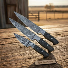 Load image into Gallery viewer, 3 pcs Handmade Damascus Chef Knife Set, Professional Grade Black Micarta Handle Knives