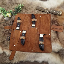 Load image into Gallery viewer, Damascus Kitchen Knife Set, Handcrafted with Black Micarta Handles, Leather Roll Included