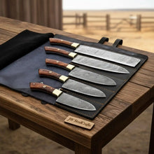 Load image into Gallery viewer, 5-Piece Damascus Kitchen Knife Set Pakka Wood Leather Roll with Wood Grain Blades