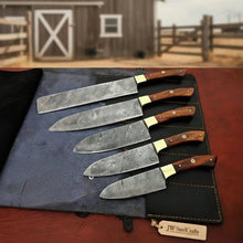 Load image into Gallery viewer, 5-Piece Damascus Kitchen Knife Set Pakka Wood Leather Roll with Wood Grain Blades