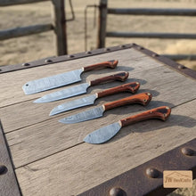 Load image into Gallery viewer, JW SteelCrafts 5 Piece Damascus Kitchen Knife Set Chef Santoku Cleaver Utility and Paring Knives Pakka Wood Handle Professional Cooking Knife Collection