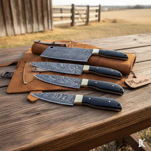 Load image into Gallery viewer, Damascus Kitchen Knife Set, Handcrafted with Black Micarta Handles, Leather Roll Included