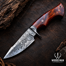 Load image into Gallery viewer, Damascus Field Dressing Knife with Wooden Handle &amp; Leather Sheath