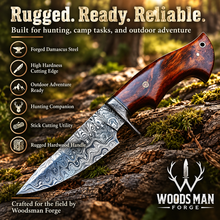 Load image into Gallery viewer, Damascus Field Dressing Knife with Wooden Handle &amp; Leather Sheath