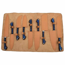 Load image into Gallery viewer, 9-Piece Damascus Kitchen Knife Set with Leather Roll, Chef, Santoku, Nakiri, Bread, Utility, Boning and Paring Knives, Blue Handle Full Tang, JW SteelCrafts