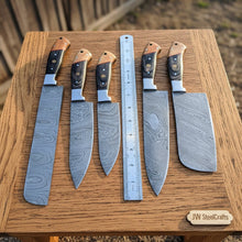 Load image into Gallery viewer, Damascus Multi-Blade Chef Set — Caidao Cleaver, Santoku, Drop-Point Chef &amp; Utility Knives — Olive/Black Pakka Wood, Full Tang