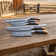 Load image into Gallery viewer, Damascus Multi-Blade Chef Set — Caidao Cleaver, Santoku, Drop-Point Chef &amp; Utility Knives — Olive/Black Pakka Wood, Full Tang