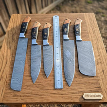 Load image into Gallery viewer, Damascus Multi-Blade Chef Knife Set with Olive Wood &amp; Black Pakka Wood Handles