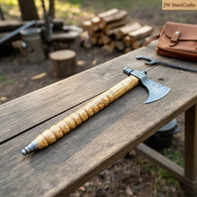 Load image into Gallery viewer, Damascus Pipe Axe 19 Inch Ash Wood Handle | Hand Forged Tomahawk Smoking Axe | JW SteelCrafts
