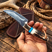 Load image into Gallery viewer, Handmade Copper Damascus Cowboy Knife with Stag Antler, Turquoise Handle &amp; Red Copper Bolsters