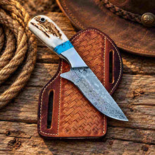 Load image into Gallery viewer, Handmade Raindrop Damascus Cowboy Knife with Antler Horn, Turquoise Handle &amp; Leather Sheath