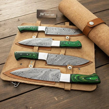 Load image into Gallery viewer, Handmade Damascus Kitchen Knife Set – Chef, Santoku, Utility Knives with Green Wood Handles