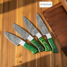 Load image into Gallery viewer, Handmade Damascus Kitchen Knife Set – Chef, Santoku, Utility Knives with Green Wood Handles