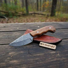 Load image into Gallery viewer, Damascus Drop Point Skinner Knife 3 Inch Blade Rosewood Handle Fixed Blade With Leather Sheath