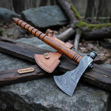 Load image into Gallery viewer, Damascus Smoking Axe with Leather Sheath and Ringed Rosewood Handle