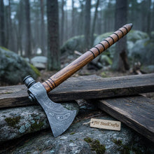 Load image into Gallery viewer, Damascus Smoking Axe with Leather Sheath and Ringed Rosewood Handle