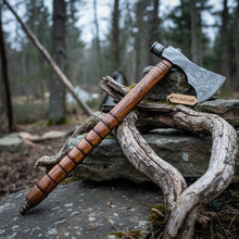 Load image into Gallery viewer, Damascus Smoking Axe with Leather Sheath and Ringed Rosewood Handle