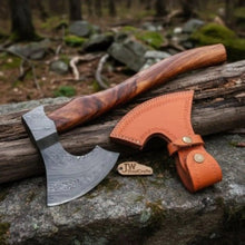 Load image into Gallery viewer, Traditional Norse Bearded War Axe (Skeggøx) featuring Damascus Steel Head, Solid Wood Handle, Sheath Included