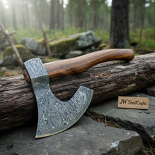 Load image into Gallery viewer, Damascus Steel Camp Axe with 19 Inch Rosewood Handle, Handmade Bushcraft Hatchet with Leather Sheath