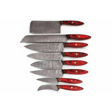 Load image into Gallery viewer, JW SteelCrafts Handmade Damascus Kitchen Knife Set of 8, Cleaver, Santoku, Gyuto Chef, Utility, Boning and Skinning Knives, Red Pakka Wood Handle, Full Tang