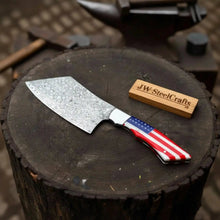 Load image into Gallery viewer, Damascus Steel Cleaver Knife with USA Flag Resin Handle | Handmade Kitchen Utility Knife