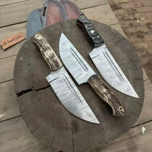 Load image into Gallery viewer, Premium Handmade Hunting Knife Set (3-Piece) Damascus Steel Fixed Blade Leather Sheaths