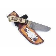 Load image into Gallery viewer, Damascus Steel Dog Engraved Bone Handle Hunting Skinner Knife – 10 Inch Overall l