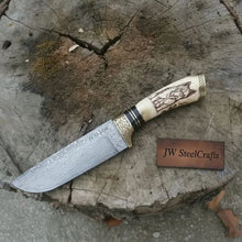 Load image into Gallery viewer, Damascus Steel Dog Engraved Bone Handle Hunting Skinner Knife – 10 Inch Overall l