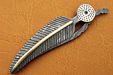 Load image into Gallery viewer, Damascus Steel Folding Knife with Sculpted Feather Handle &amp; Brass Inlay | Handcrafted EDC Pocket Knife