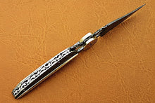 Load image into Gallery viewer, Damascus Steel Folding Knife with Sculpted Feather Handle &amp; Brass Inlay | Handcrafted EDC Pocket Knife