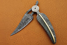 Load image into Gallery viewer, Damascus Steel Folding Knife with Sculpted Feather Handle &amp; Brass Inlay | Handcrafted EDC Pocket Knife