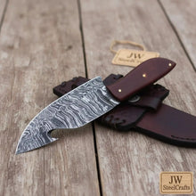 Load image into Gallery viewer, Damascus Steel Gut Hook Knife with Brown Micarta Handle