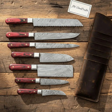 Load image into Gallery viewer, Handmade Damascus Kitchen Knife Set with Red Pakka Wood Handles | Complete 7-Piece Collection