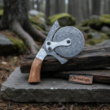 Load image into Gallery viewer, Damascus Steel Pizza Cutter Wheel with Wooden Handle – Handmade Kitchen Tool