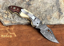 Load image into Gallery viewer, Damascus Steel Pocket Knife with Belt Clip Camel Bone Rose Wood Handle